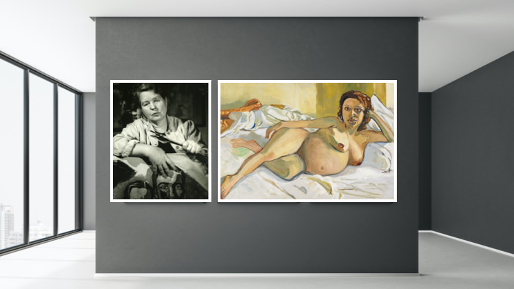 Foto 1: Alice Neel en su estudio en Nueva York (circa 1960) y María embarazada (1964).