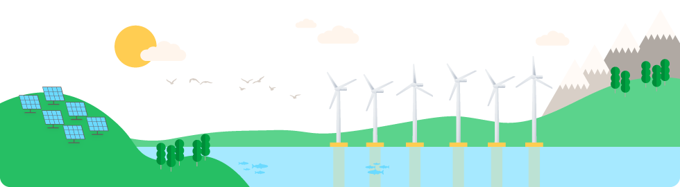 Illustration of an onshore wind farm and a photovoltaic plant.