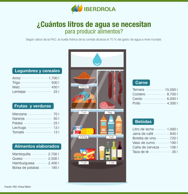 ¿Cuántos litros de agua se necesitan para producir alimentos?